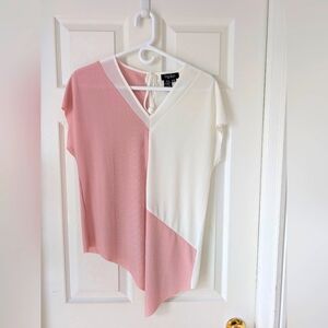 Papillon Pink and White Asymmetrical V-Neck Blouse